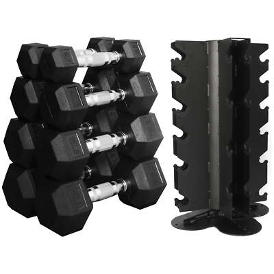 100LB Rubber Coated Hex Dumbbell Weight Set with A-Frame Rack, 5-20 lbs Pairs