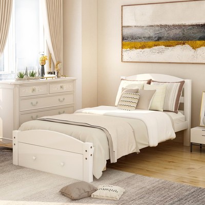 With Storage Drawer, Wood Slat Support, No Box Spring, White