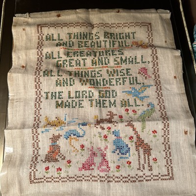 Vintage Hand Stitched Sampler Needlework All Gods Creatures Animals 13.5x10.5