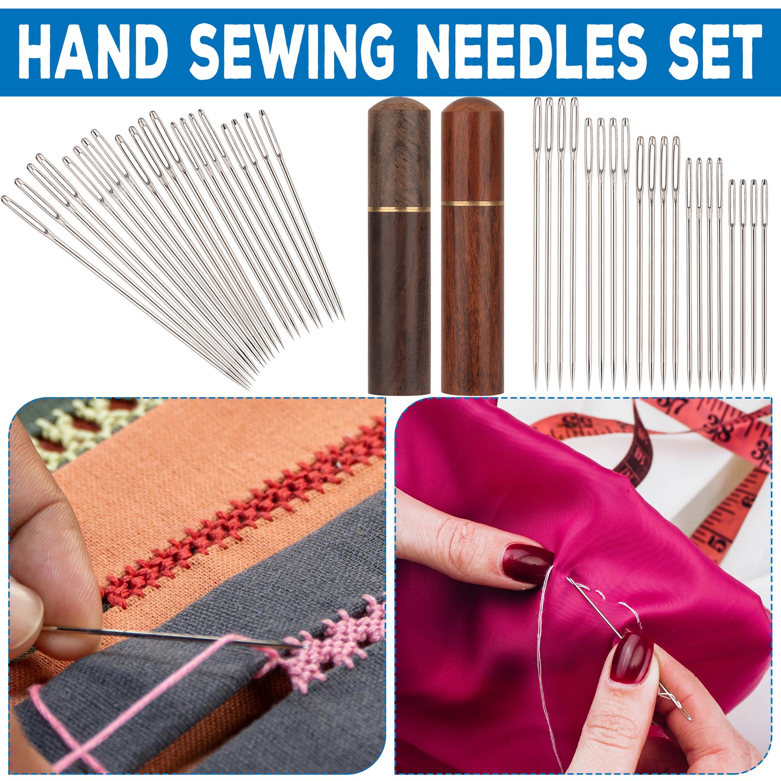 Assorted 20pcs Hand Sewing Eye Needles in 5 Sizes with Wooden Tube Holder Case