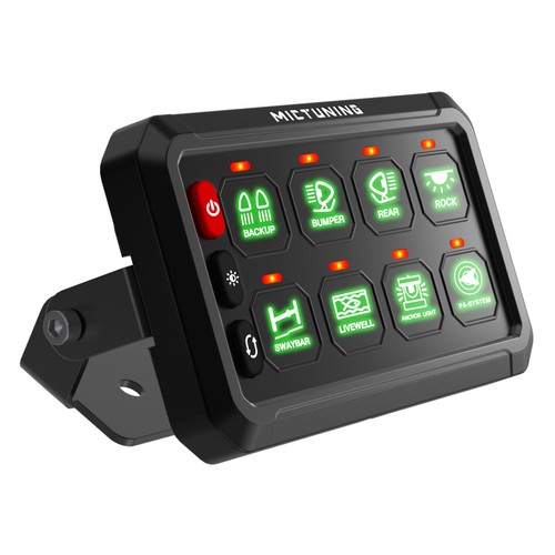 MICTUNING 8 Gang Switch Panel Green LED Light Bar Relay System Marine Boat 24v