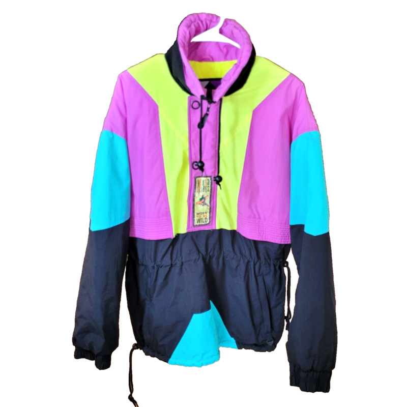 Vtg Skitique Sz L Pullover Ski Puffy Smock Jacket Colorblock Neon Colors 80s