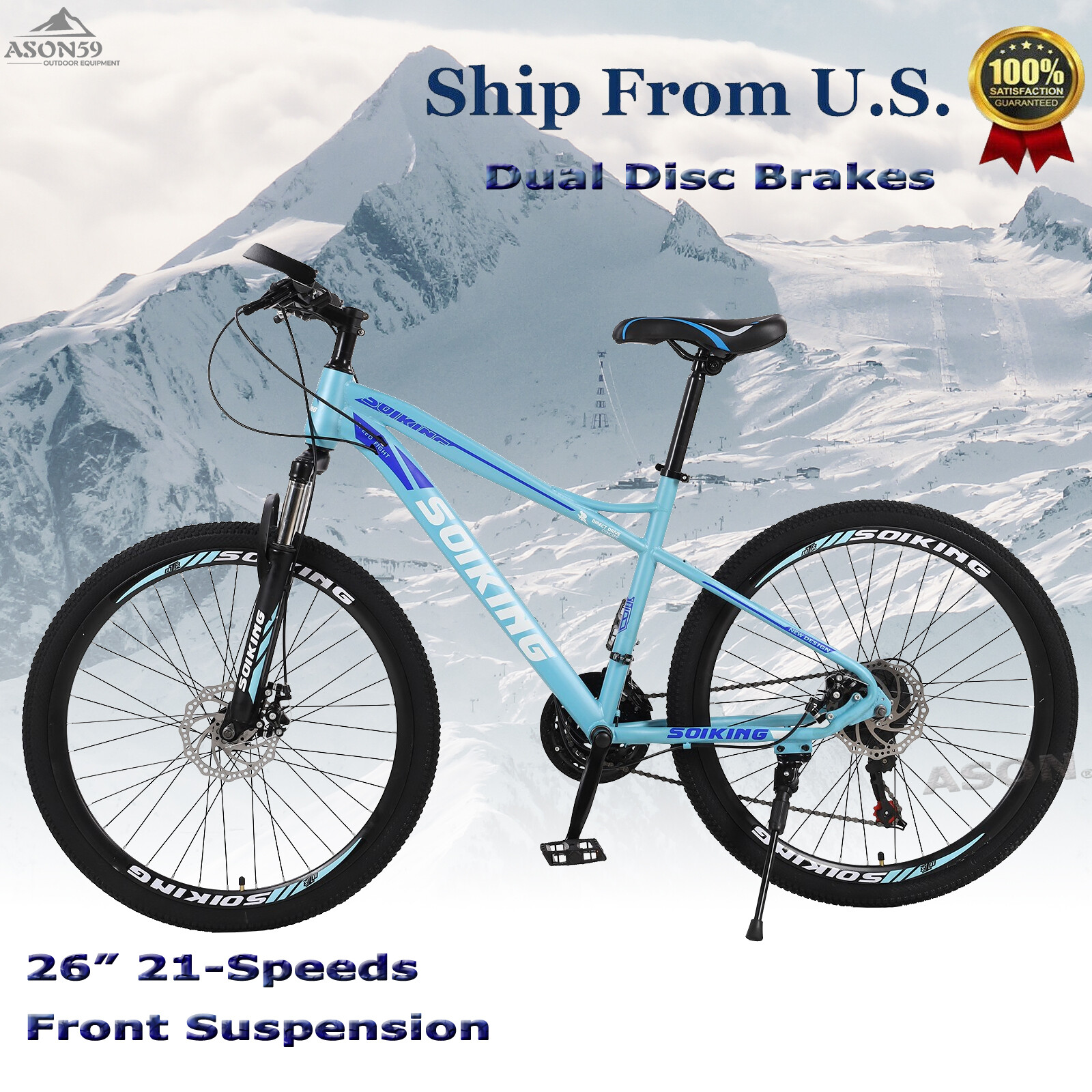 26 Inch Mountain Bike With 21 Speed Dual Disc Brakes Suspension Non-slip-USA