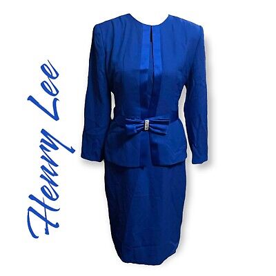 Vintage Henry Lee Solid Blue Formal Long Sleeve Zip-Up Dress For Women Size 8P