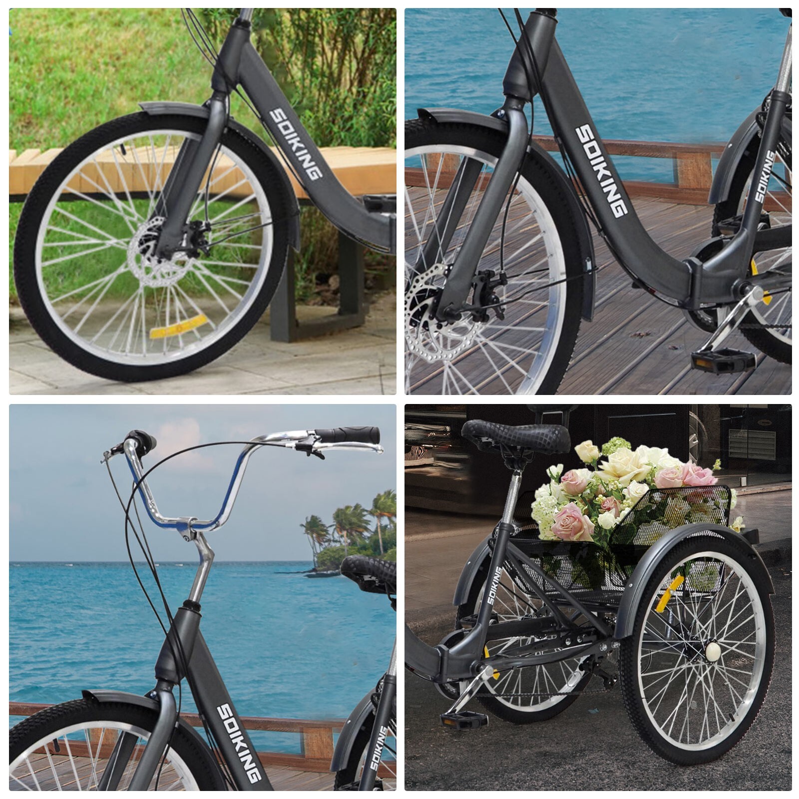 24" Adult Folding Bikes Trike Three Wheel 7 Speed Foldable Bicycle w/Basket
