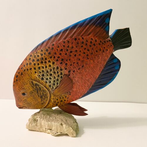 Vintage Penco Tropical Fish Base Wooden Hand Painted Glass Eyes Decor Flaw