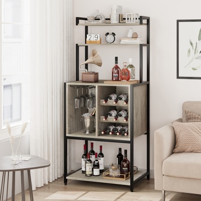 5 Tiers Wine Storage Holders Bakers Rack with Glass Rack Wine Bottle Holder Gray