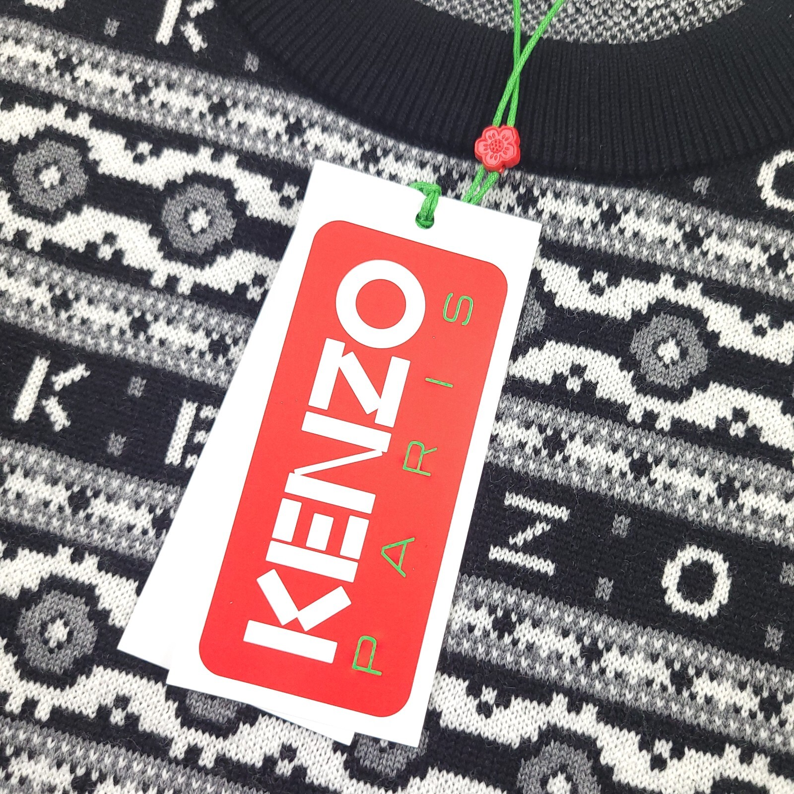 Pre-owned Kenzo $640  Logo Jacquard Black Crewneck Wool Jumper Sweater Mens Size Xl