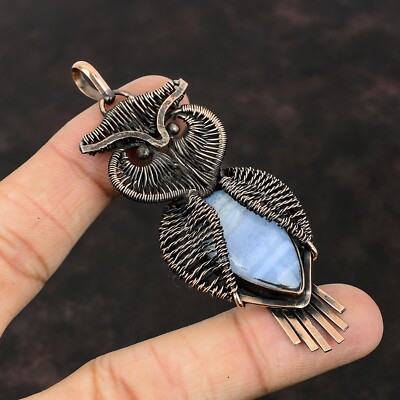 Blue Lace Agate Wire Wrapped Owl Pendant Handcrafted Copper Unique Jewelry 3.35''