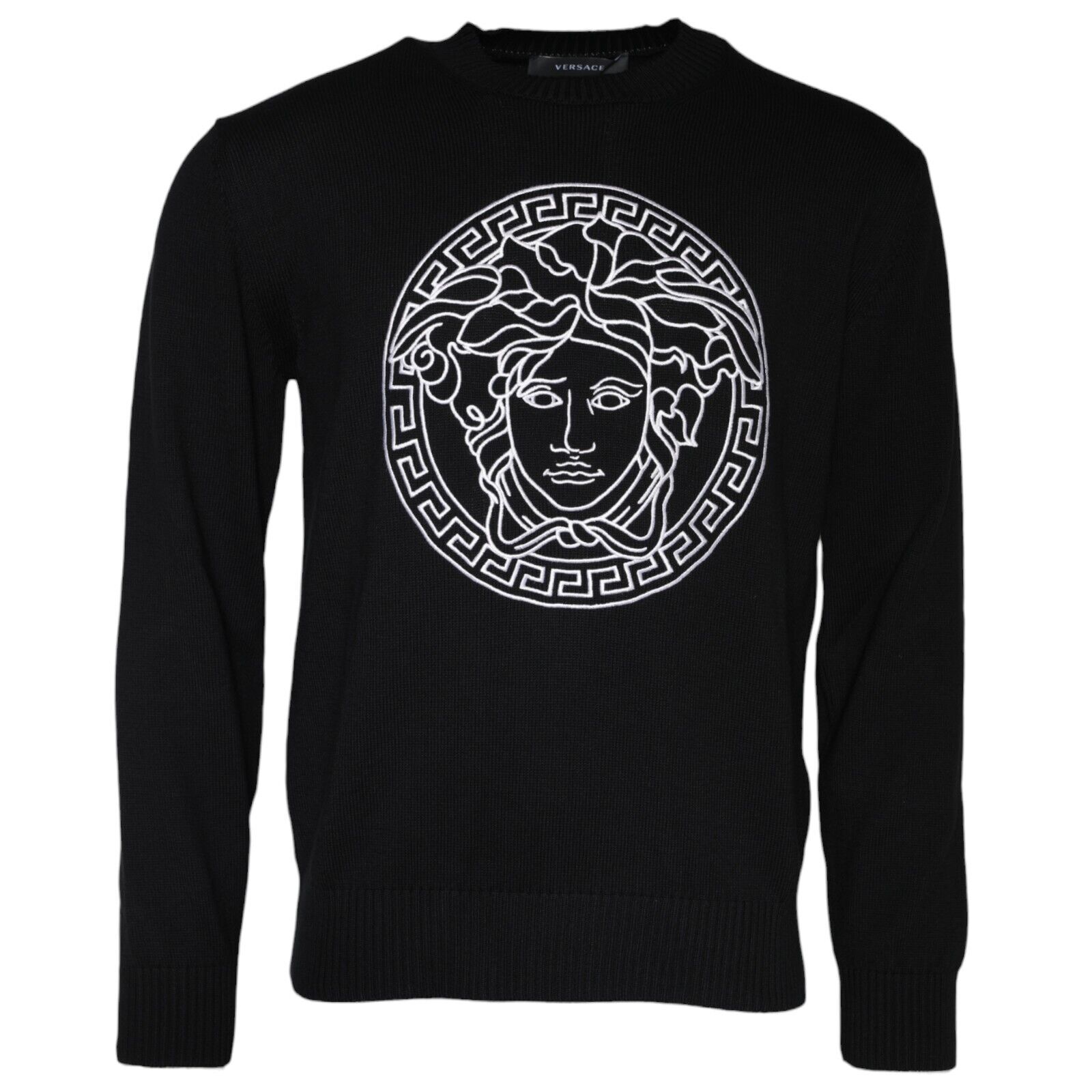 VERSACE Sweater Black Medusa Embroidery Crew Neck Pullover VERSACE Sweater Black Medusa Embroidery Crew Neck Pullover