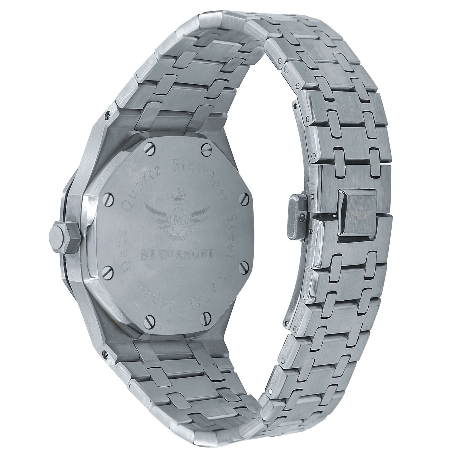 Pre-owned Bling Master Men's Full Steel Blue Dial White Gold Tone W/date Simulated Diamonds 42 Mm Watch
