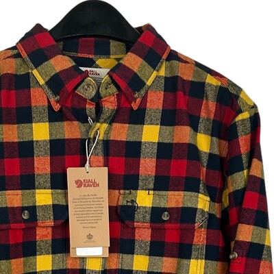 NEW FjallRaven Men's XL Slim Fit Skog Heavy Flannel Red Gold Blue Check $110