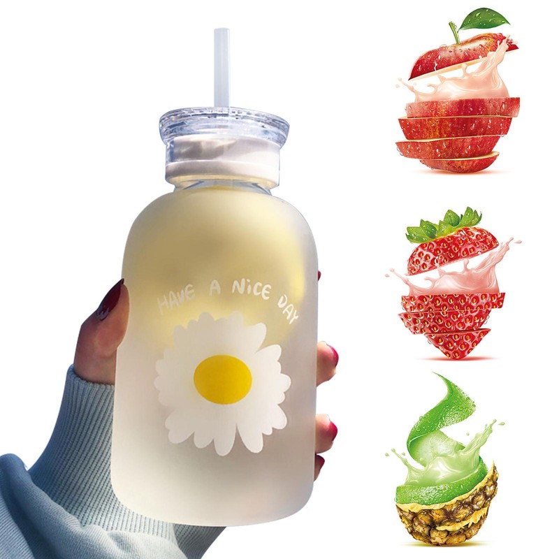 Glass Water Bottle W/Straw Cute Flower Daisy Milk Juice Water Bottle Leakproof