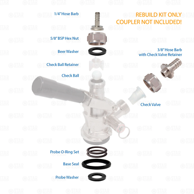 Sankey D Keg Coupler Rebuild Kit - Hose Barbs Seals Washers Check Valve Ball