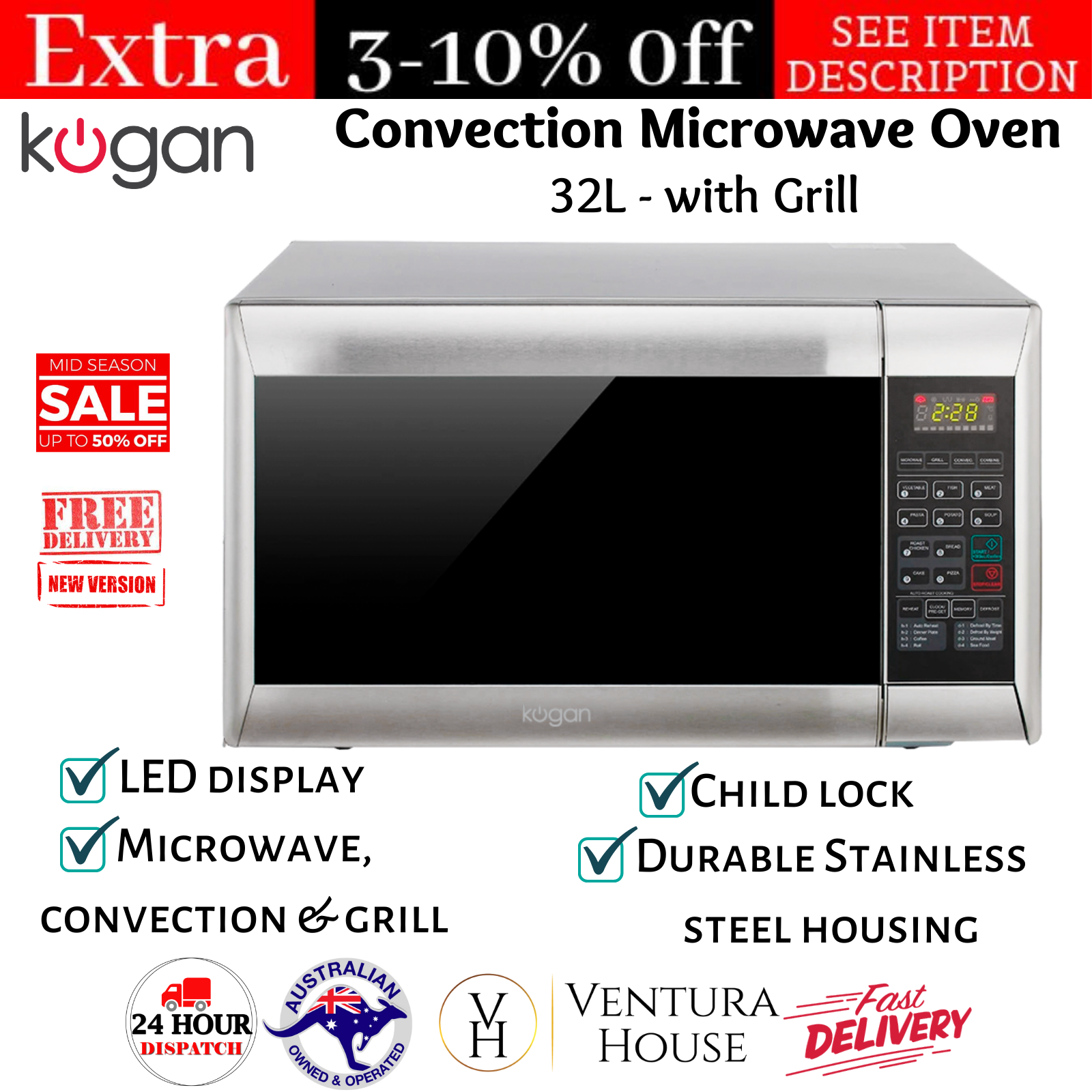 Kogan Convection Microwave Oven With Grill 32l 1000w Stainless Steel