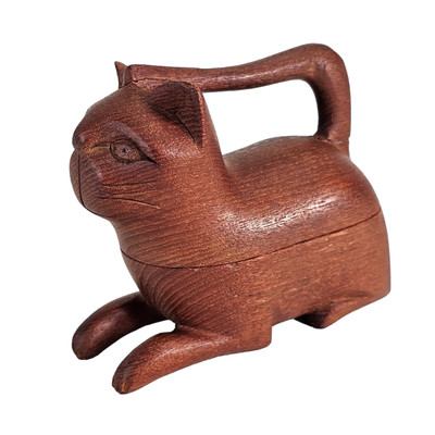 Vintage Primitive Folk Art Cat Teak Brown Trinket Box Hand Carved Box