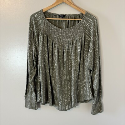 Lucky Brand Womens Olive Green Top Smocked Long Sleeves Boho Peasant Sz 1X
