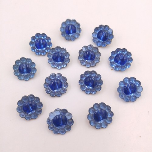 Lot of 13 Vintage Glass Buttons - Blue Flowers w/ Gold Back