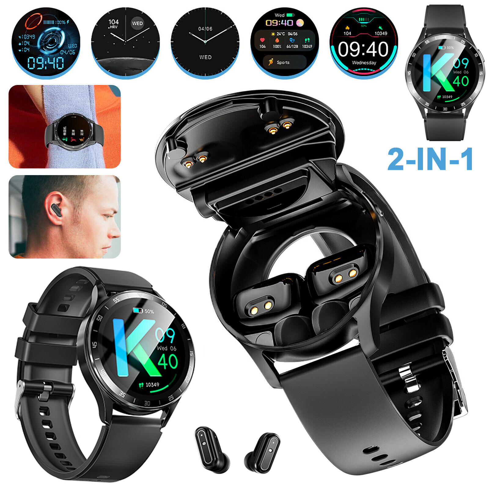 Smart Watch with Earbuds Men Smartwatch 2 in 1 Wireless Headset For iOS Android