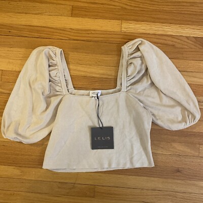 Le Lis Top Square Neck Puff Sleeves Neutral Beige Size Medium NWT Ribbed Soft