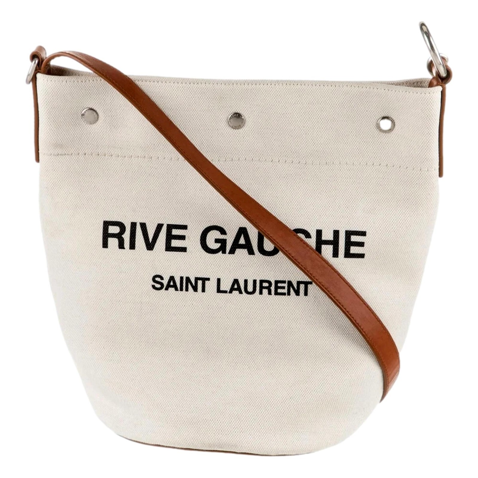 【SAINT LAURENT】 RIVE GAUCHE LINEN BUCKET BAG Saint Laurent Rive Gauche Brown Leather Trim Linen Bucket