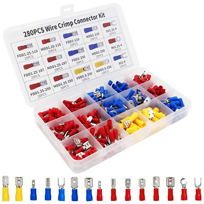 280PC  Insulated Kit Assorted Electrical Wire Terminals Crimp Connectors Spade