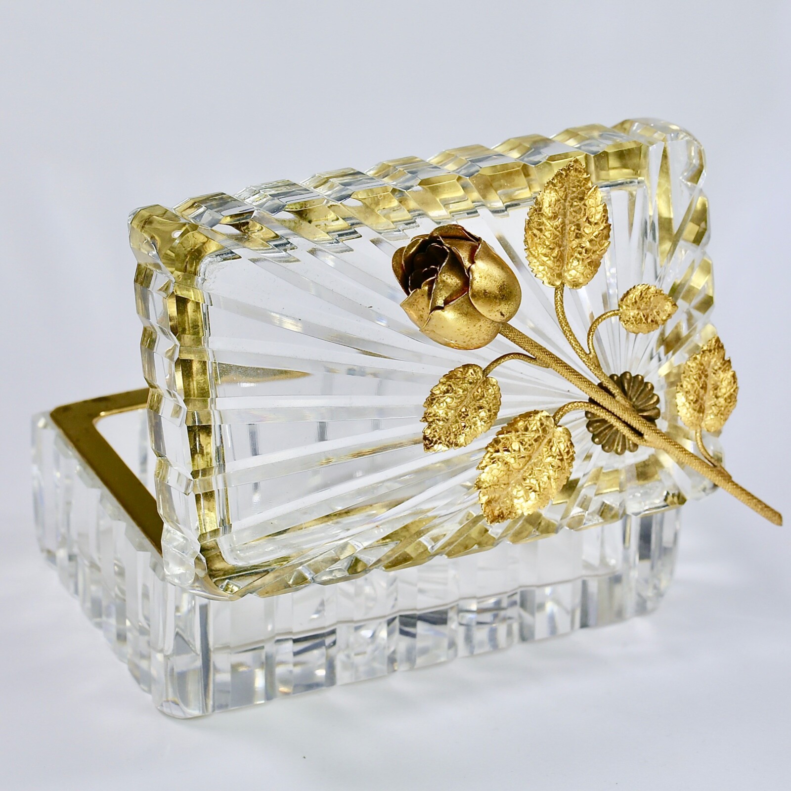 Vintage French cut lead clear Crystal hinged trinket or jewelry BOX ormolu Rose