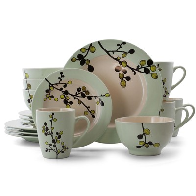 16 Pcs Luxurious Stoneware Dinnerware Complete Setting Olive Light Green Round
