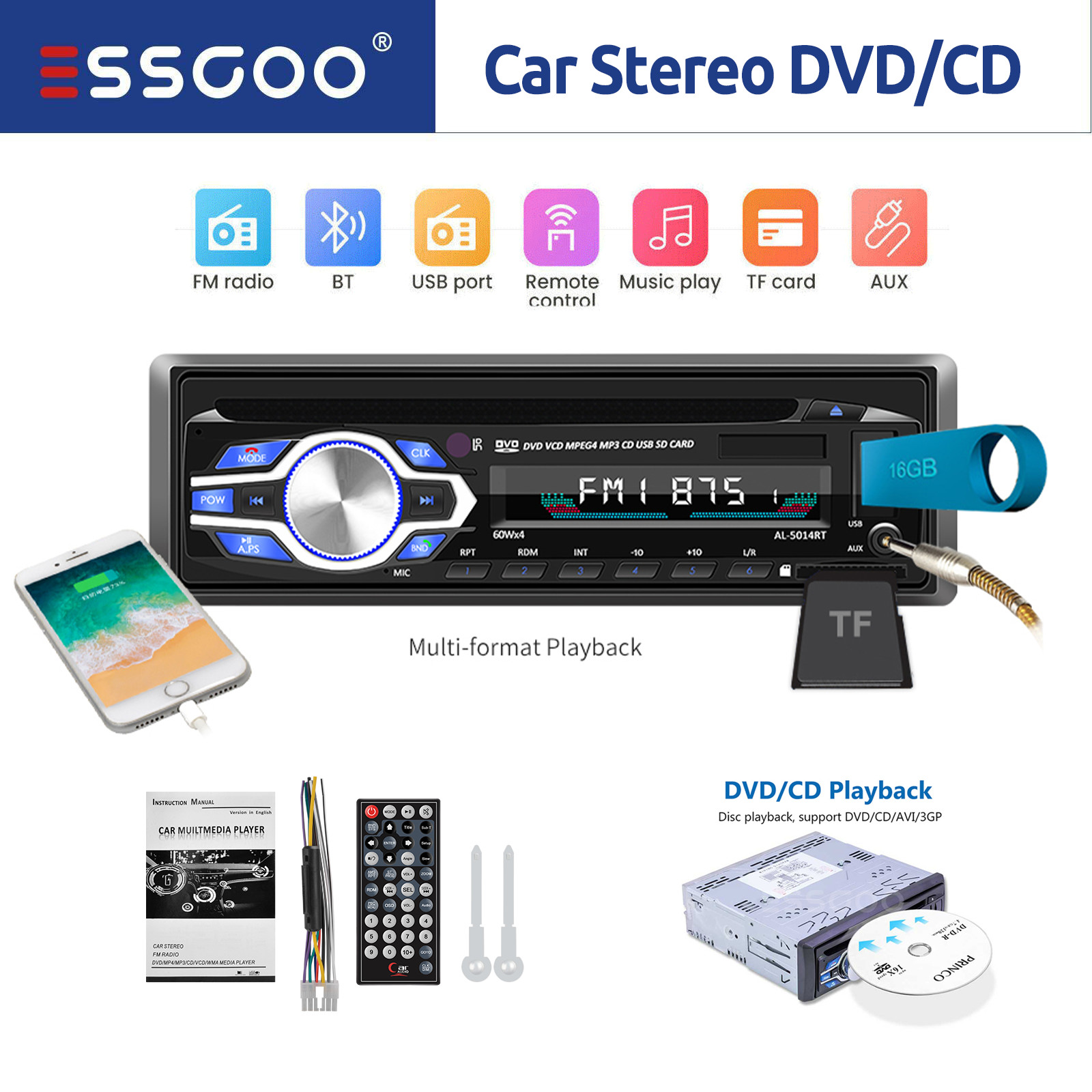 In-dash Usb/aux/tf Fm Am Radio Bluetooth