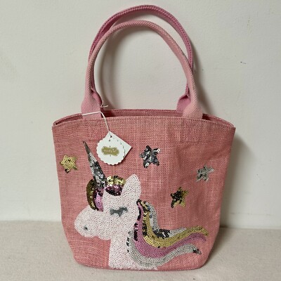 Mud Pie Unicorn Dazzle Tote Girls Pink 100% Jute Sequins Bag Purse Top Handles