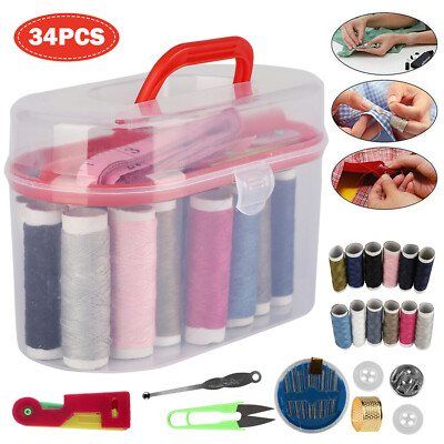 Thread Needle Sewing Kit Measure Scissor Threader Thimble Storage Box Travel Set