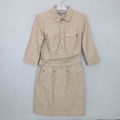 Sharagano Womens Tan Utility Safari Shirt Dress Size 4 Zip Front Belted Khaki