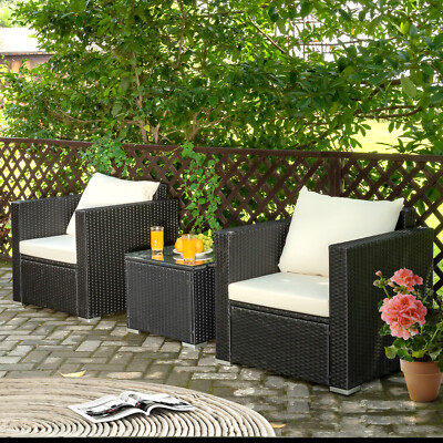 Patio 3PCS Rattan Furniture Set Conversation Rattan Sofa Set W/ Cushion Garden