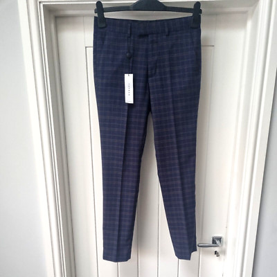 Topman Trousers Men's W28 L30 Blue Check Plaid Straight Leg Pleated Trouser BNWT