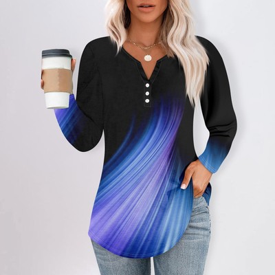 Women's Vintage Printed T-Shirt Tee Long Sleeve Button V-Neck Daily Weekend Tops