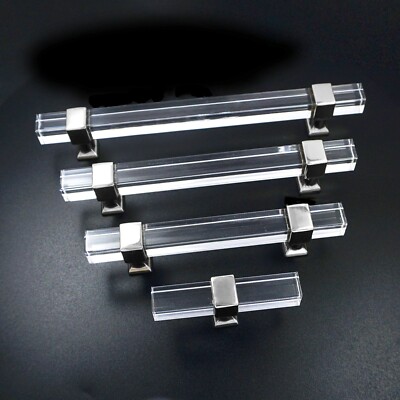 Square Clear Acrylic Handles Silver Kitchen Cabinet T Bar Knobs Drawer Pulls 