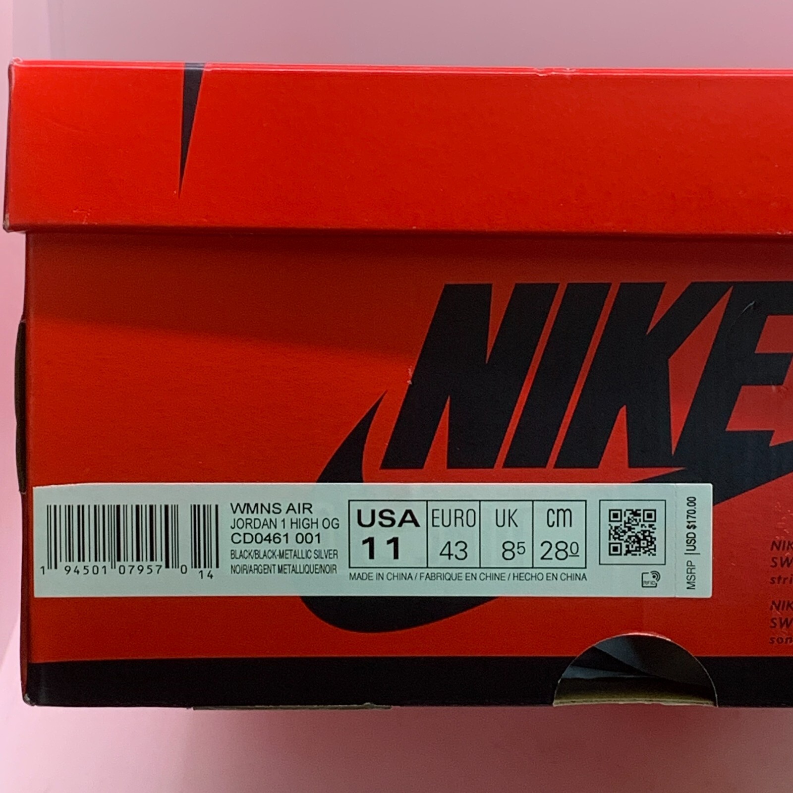 Pre-owned Jordan Nike Air  1 High Og Silver Toe Size 11w Women / 9.5m Men Shoe Cd0461-001