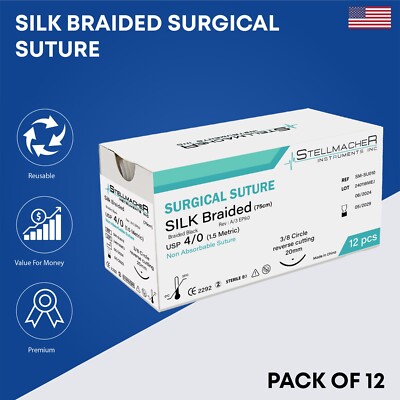4/0 Silk Suture Practice Thread Kit Sterile Sutures Threads with Needle 12 Pcs