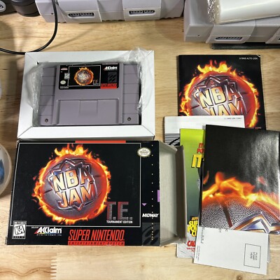NBA Jam Tournament Edition SNES Complete CIB Box Manual Poster Tested Works