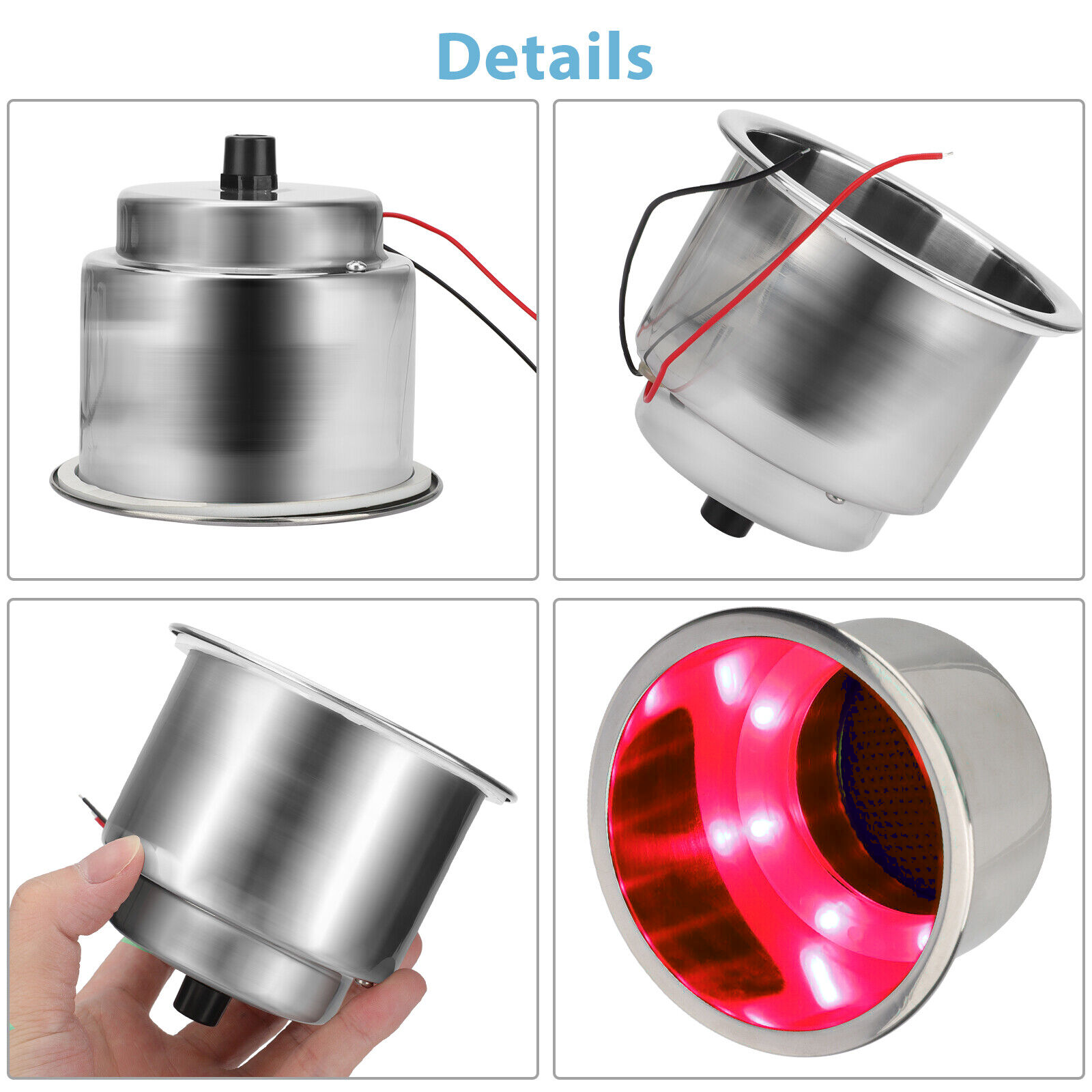 2PCS Stainless Steel 8 LED Cup Drink Holder Red Light Marine Boat Truck Camper