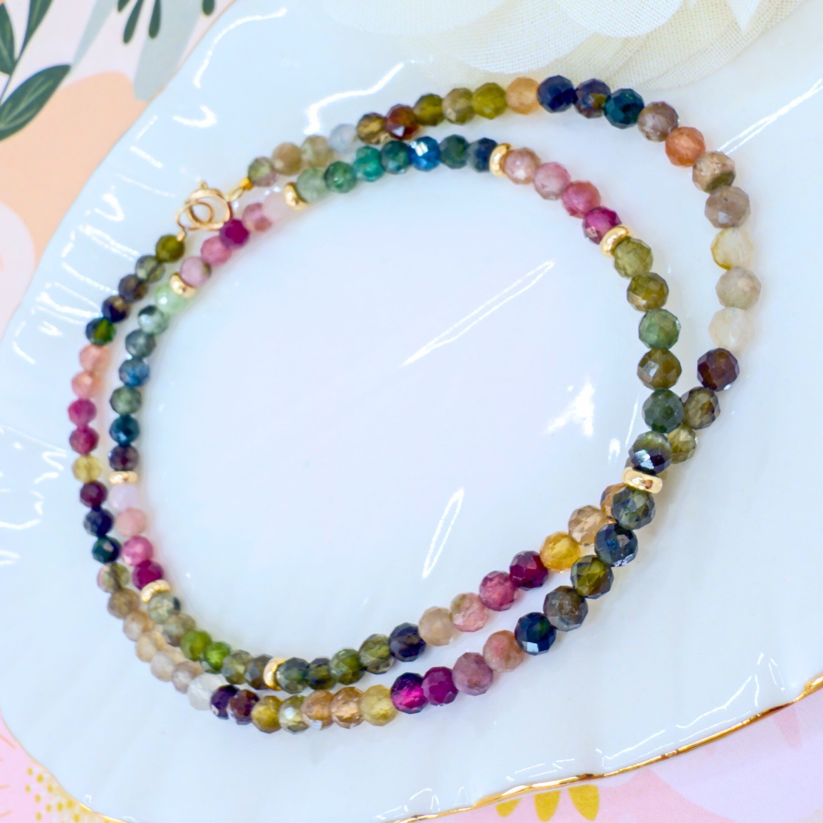 14k Yellow Gold Multicolor Tourmaline Bead Necklace, New 16
