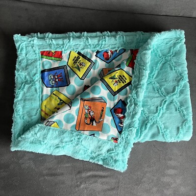 Baby Blanket Lovey Reading Teal Polka-Dot Dr, Suess Material Very Soft 39 x26 