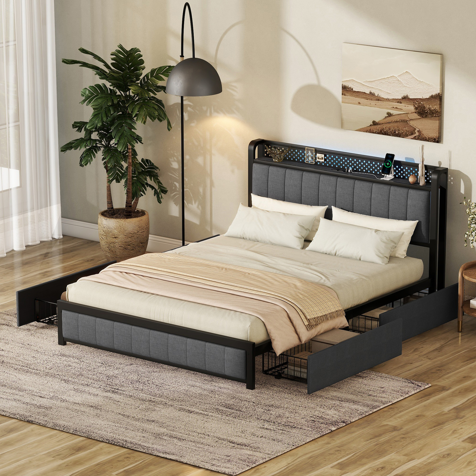 Queen Size Bed Frame with Linen Upholstered LED Headboard and 4 Storage Drawers