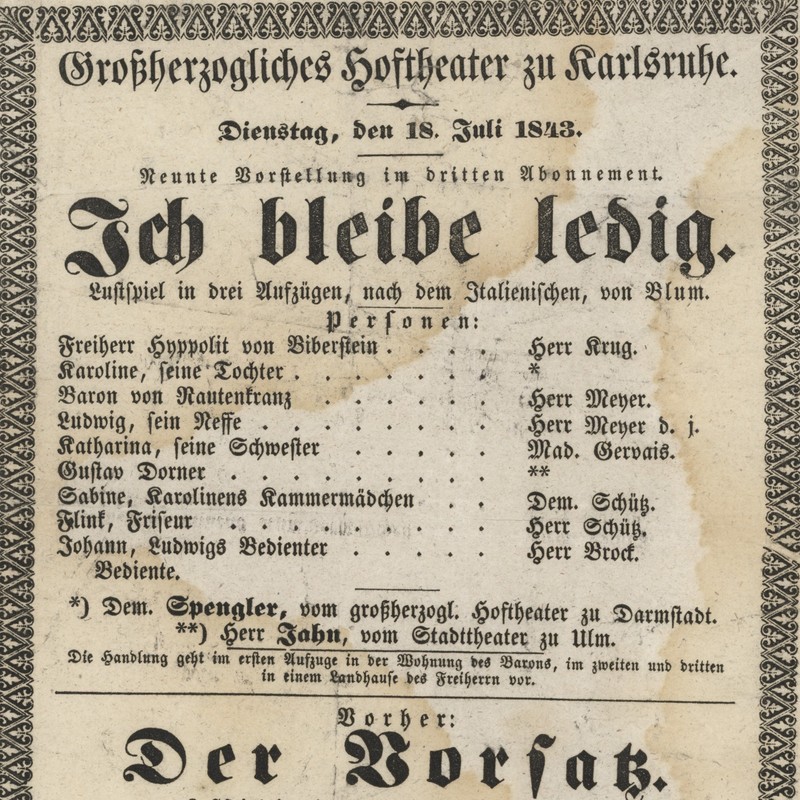 Theaterzettel 1843 Ich Bleibe Ledig Alberto Nota GroÃHerzgl. Hotheater Karlsruhe