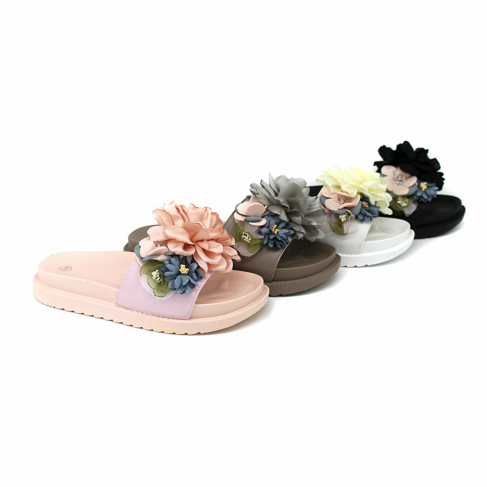 Damen Pantoletten Sommer Sandalen Schlappen Freizeitschuhe Blumen Schuhe