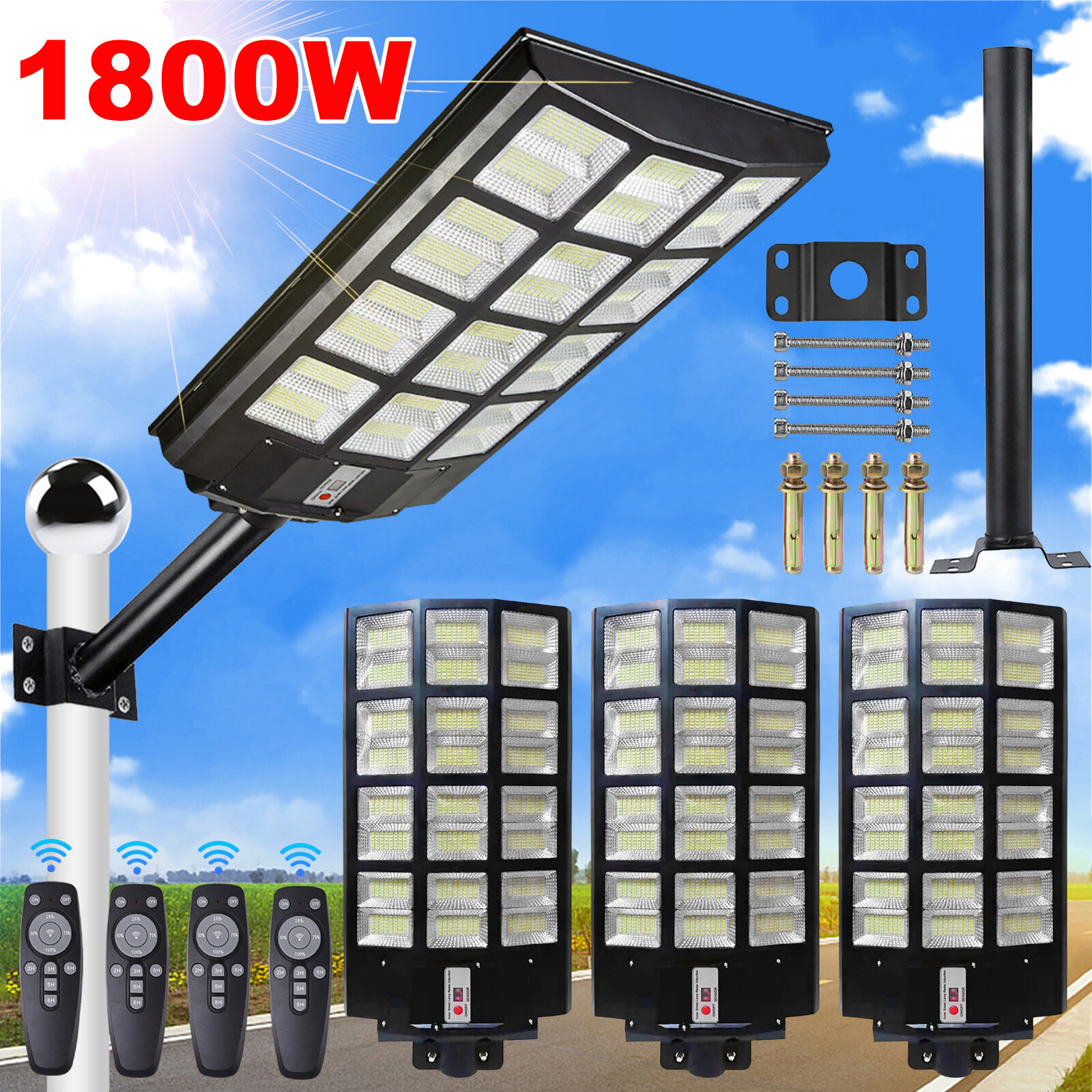 1800W LED Solar Street Light Motion Sensor Dusk to Dawn Outdoor Road Lamp w/Pole