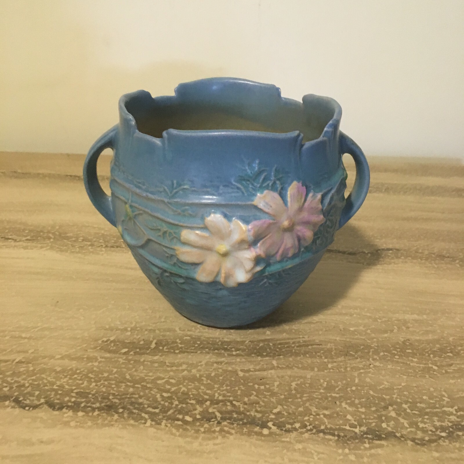 Roseville Art Pottery Cosmos Double Handled Jardiniere Bowl 649-4 Blue