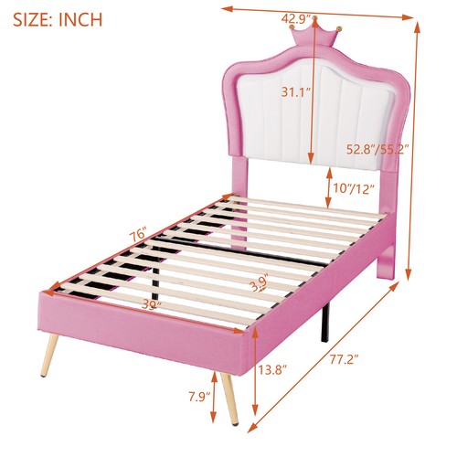 Princess Bed for Girls Bedroom PU Upholstered Bed w/Crown Headboard & LED Lights