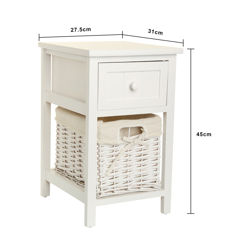 Pair of Wooden Bedside Tables Shabby Chic White Drawers & Wicker Basket eBay