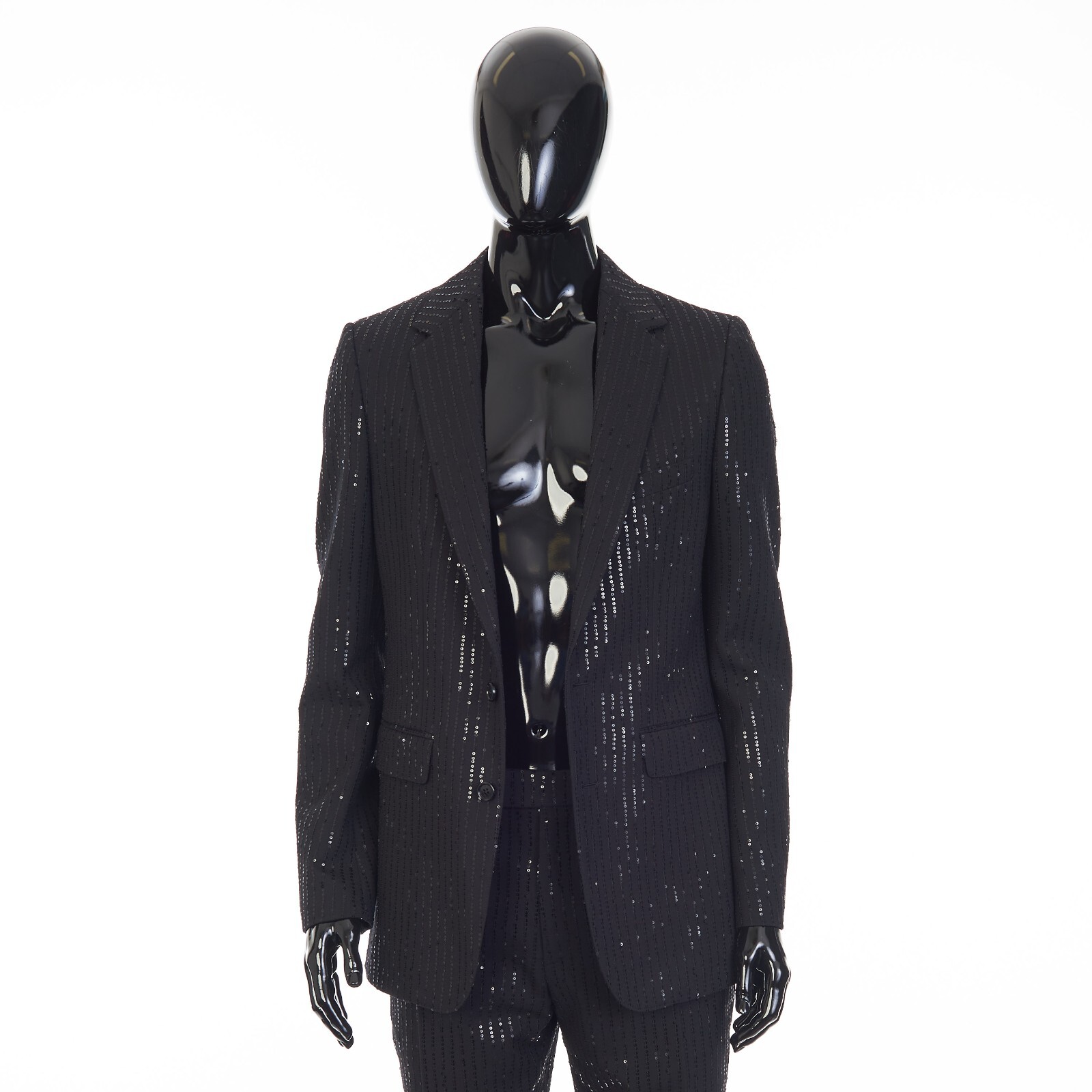 Pre-owned Celine 4350$ Black Blazer Jacket - Striped Sequin Embroidery, Wool Gabardine